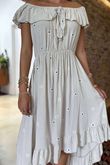 Made in Italy Forget Me Knots Bardot Shirring Dress Stone /8 =
